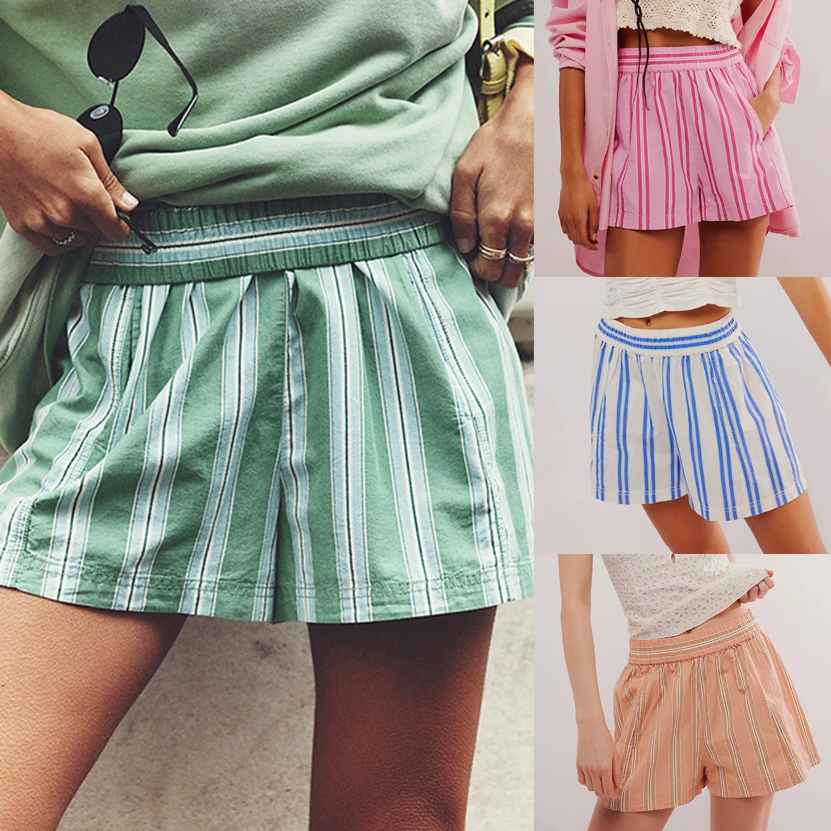 women's summer new fashion high waist casual elastic breathable pocket beach pants short striped loose fit beach shorts women's summer new fashion high waist casual elastic breathable pocket beach pants short striped loose fit beach shorts