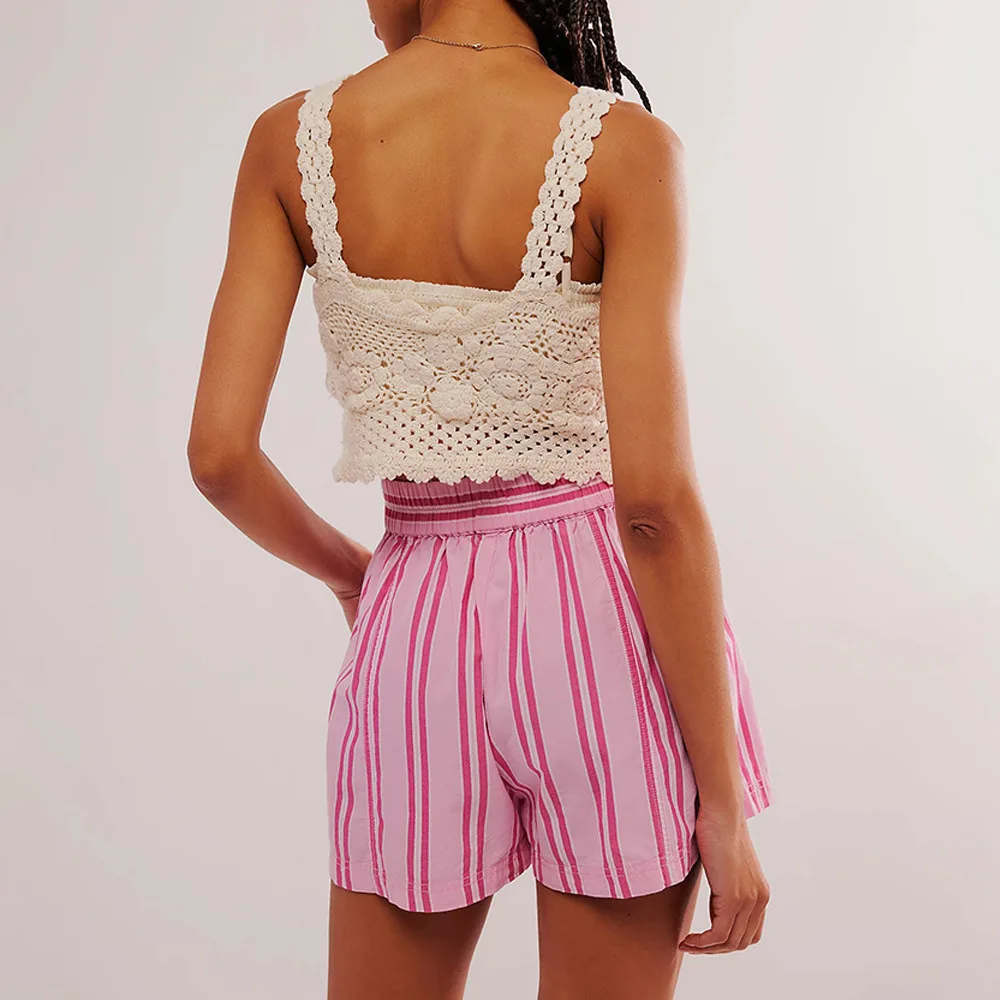 women's summer new fashion high waist casual elastic breathable pocket beach pants short striped loose fit beach shorts women's summer new fashion high waist casual elastic breathable pocket beach pants short striped loose fit beach shorts